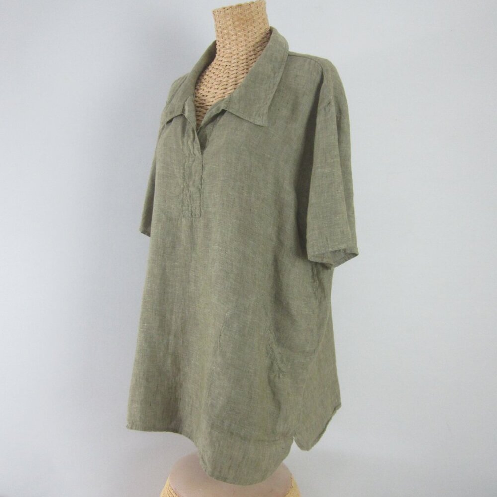 Andrea Jovine Womens Large Olive Green Linen SS Tunic Shirt Pocket Relaxed Fit